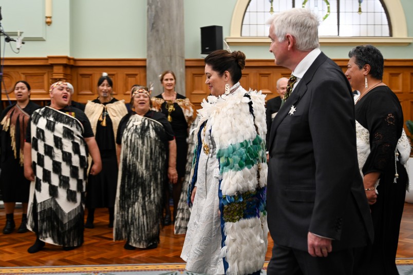 A waiata is sung as Dame Cindy leaves the chamber