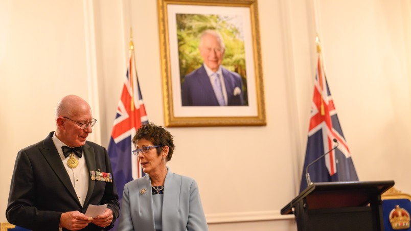 His Excellency General the Honourable David Hurley AC DSC (Retd), the Governor-General of Australia, and Her Excellency Mrs Linda Hurley singing to the assembled guests