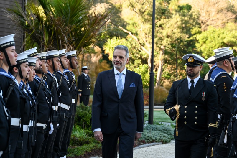 HE Mr Stavros Venizelos, Ambassador of the Hellenic Republic inspecting the Guard of Honour