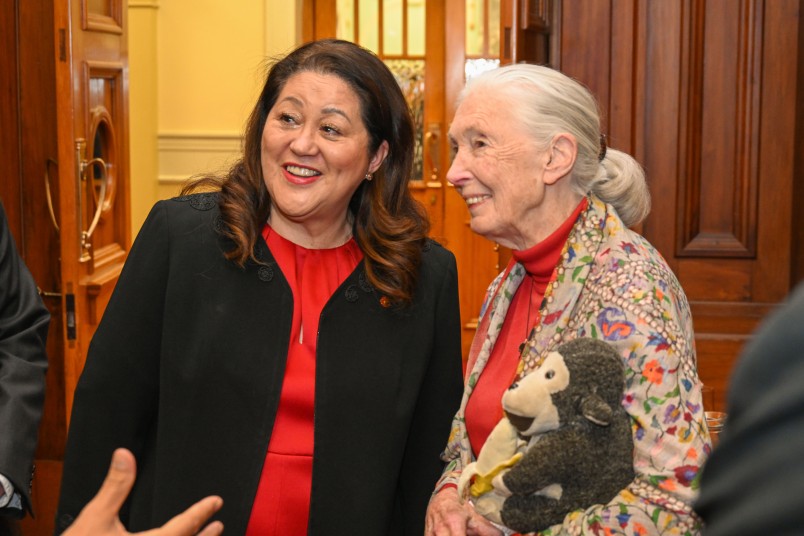 Dame Cindy, Dr Jane Goodall and stuffed soft-toy chimpanzee Mr H