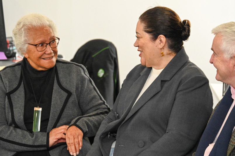 Dame Cindy in conversation with a kuia part of the Wairoa Recovery Team