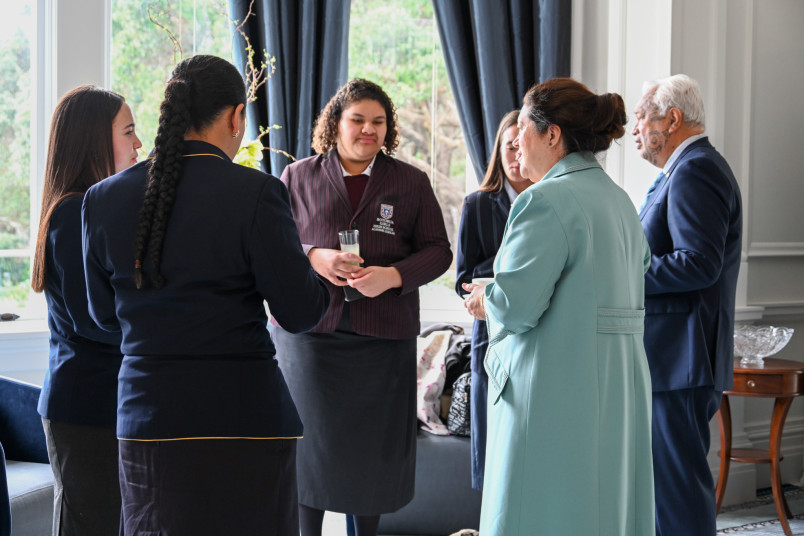 Dame Cindy and kaumātua Joe with the students