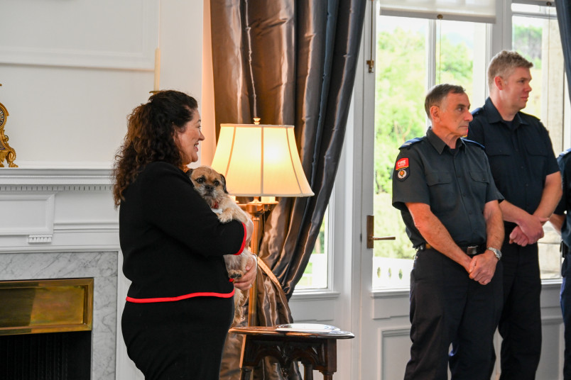 Dame Cindy and Lucy giving a speech to the firefighters