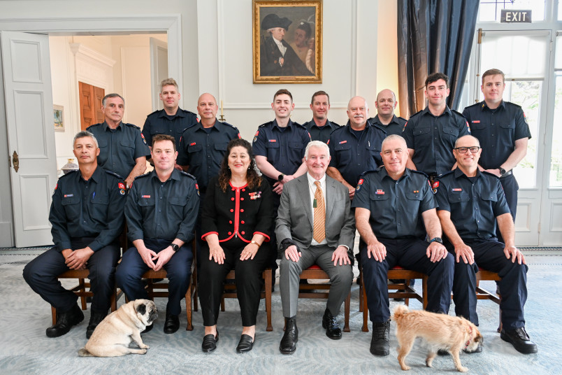 Official photo with members of the Newtown and Central Fire Brigade