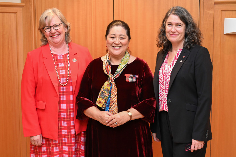 Kerry Nickels, National President of New Zealand Red Cross, Dame Cindy, and Sarah Stuart-Black QSO, Secretary General