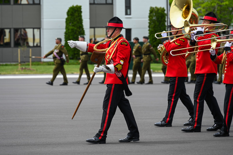 The Royal New Zealand Army Band march onto the parade grounds
