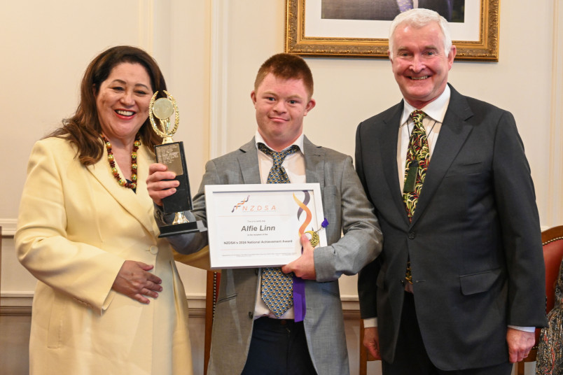 Dame Cindy and Dr Davies with National Achievement Award recipient Alfie Linn 
