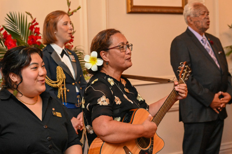 Government House staff perform waiata with Kaumātua Joe Hawawira