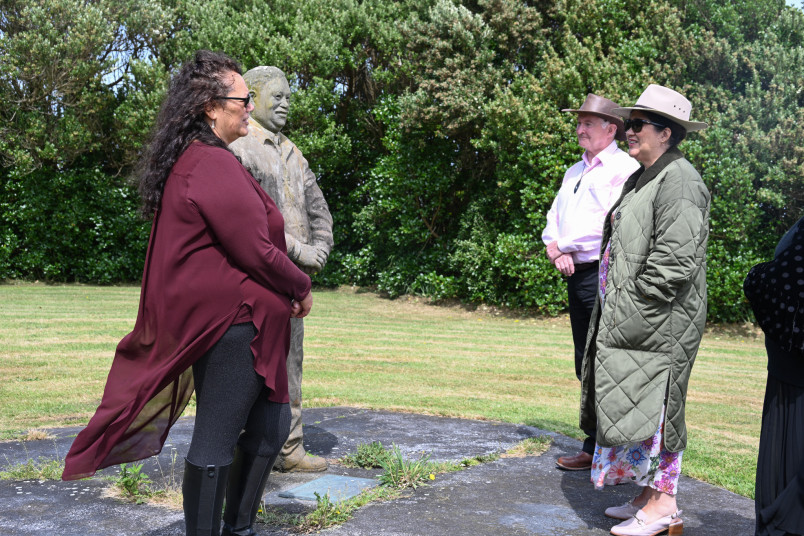 At the statue dedicated to Moriori leader,Tommy Solomon, Rana Solomon speaking to their Excellencies about his legacy 