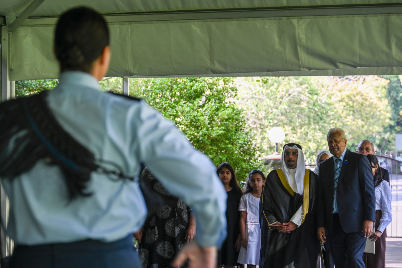 Ambassador of Kuwait HE Sheikh Sabah Naser Humoud Almalik Alsabah faces the haka pōwhiri 