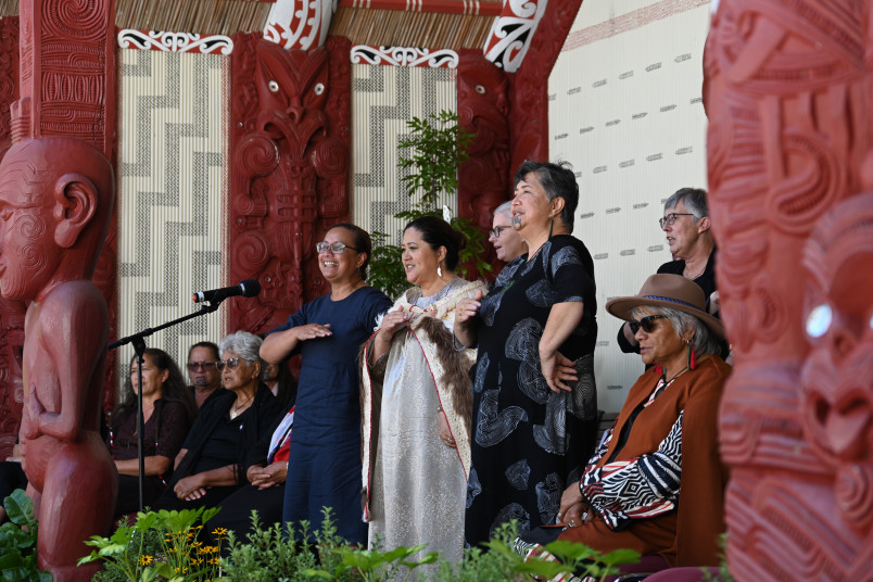 Dame Cindy and her party singing a waiata at the Powhiri