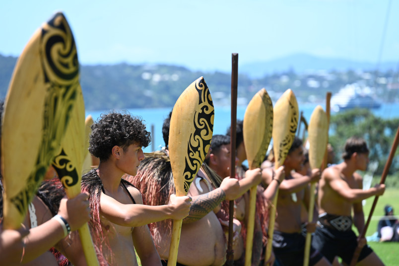 Waka crew performing at the Waitangi powhiri for Dame Cindy