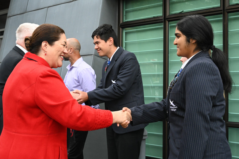 Dame Cindy meeting students from Rutherford College