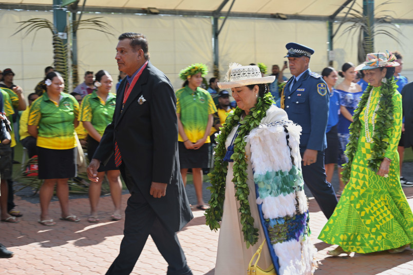 Sir Tom Marsters, the King's Representative of the Cook Islands, and Dame Cindy arriving