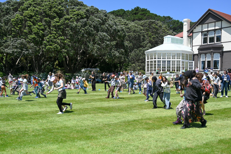 Mt Cook School children take part in a three-legged race on the lawn at Government House
