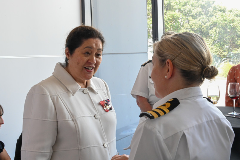 Dame Cindy speaks with a member of the Royal New Zealand Navy
