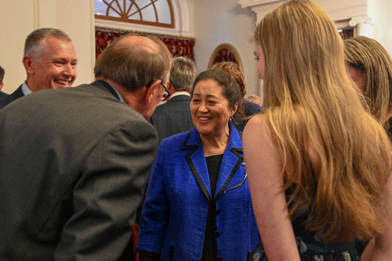 Dame Cindy speaks with guests at the Life Flight reception