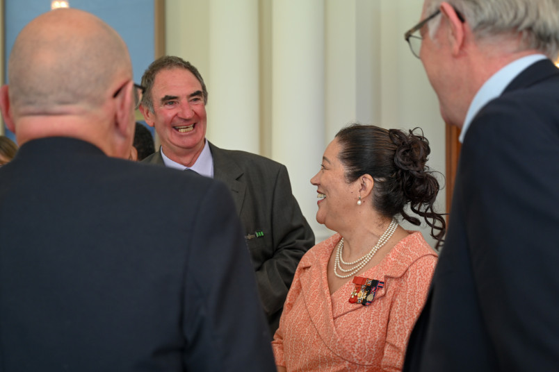 Dame Cindy speaks with guests