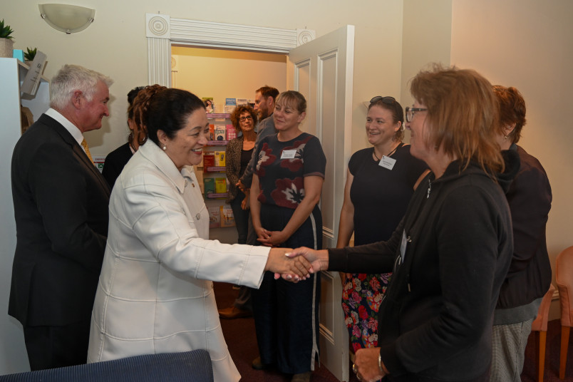 Dame Cindy meets with staff at the Nelson Women's Centre