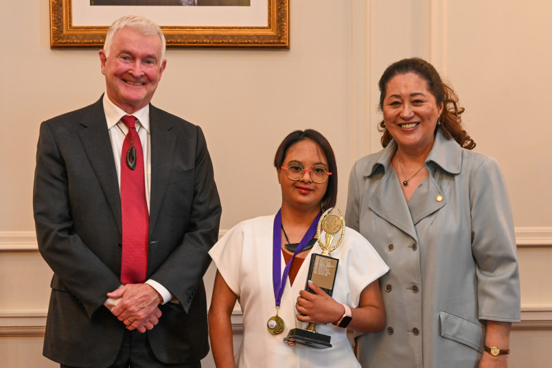 Dr Davies, National Achievement Award recipient Laetitia Tan, and Dame Cindy