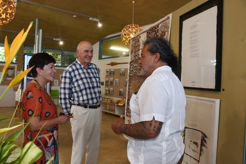 The Governor-General, the Rt Hon Dame Patsy Reddy, Sir David Gascoigne and John Pule, eminent Niuean artist.