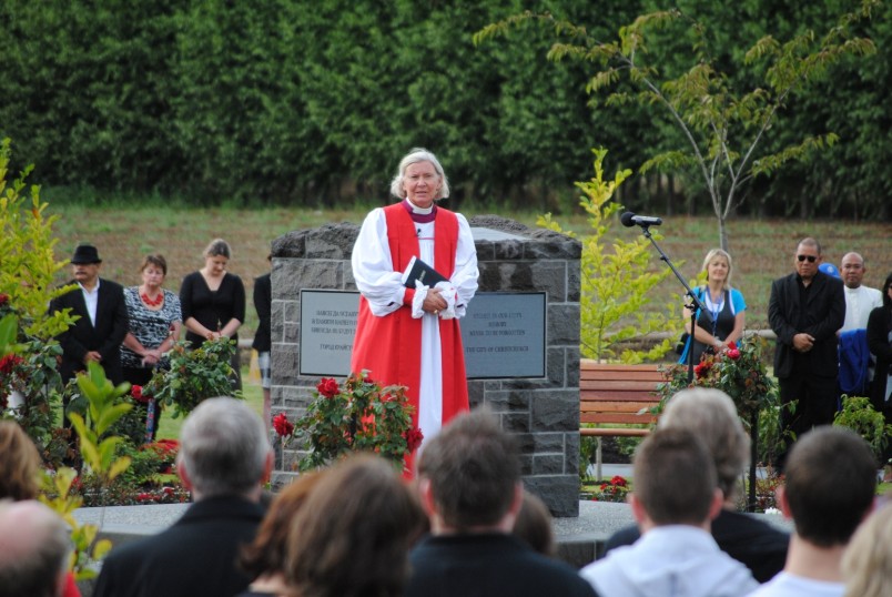 The Right Reverend Victoria Matthews, Anglican Bishop of Christchurch, delivers a benediction blessing.