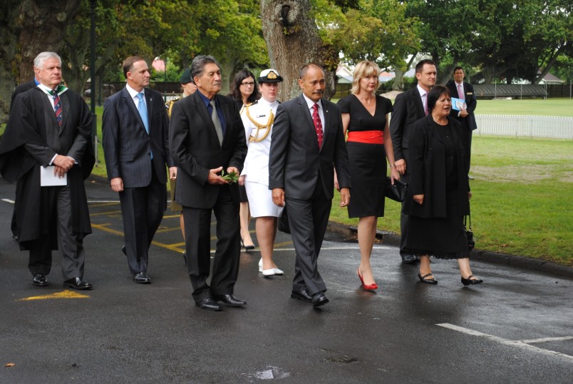 The Governor-General and party, and the Prime Minister are welcomed to King's College with a powhiri.