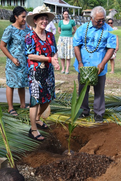 The Governor-General, The Rt Hon Dame Patsy Reddy with the coconut seedling she planted.