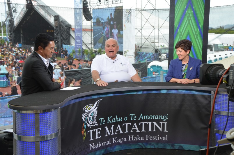 The Governor-General, The Rt Hon Dame Patsy Reddy and Selwyn Parata being interviewed at Te Matatini.