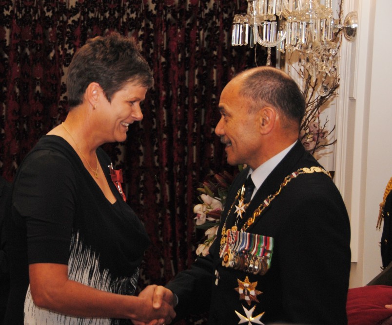Jo Edwards receives the insignia of a Member of the New Zealand Order of Merit for services to lawn bowls, 2014