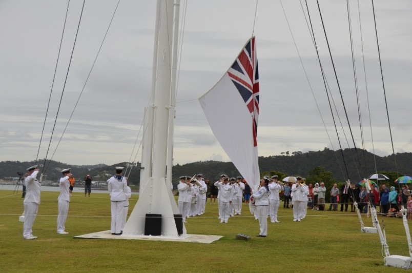 Waitangi lowering of white Navy ensign.