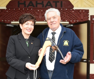The Governor-General, The Rt Hon Dame Patsy Reddy with Mr Frank Wells and the toki poutangata he presented to her.
