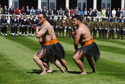 Members of the New Zealand Defence Force perform a traditional wero (challenge).