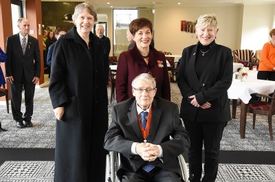 Image of Dame Patsy Reddy, Helen Clark and Lianne Dalziel with Hon Jim Anderton, CNZM