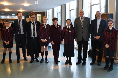 an image of Their Excellencies with Mayor Justin Lester and staff and pupils