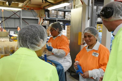Dame Patsy chatting with factory staff