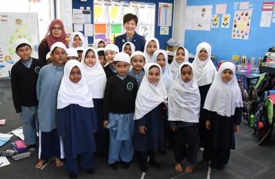 Image of Dame Patsy with the youngest pupils