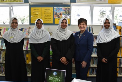 Image of Dame Patsy with students who participated in the Education Perfect English Competition. 