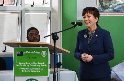 Image of Dame Patsy speaking at Al-Madinah School's assembly