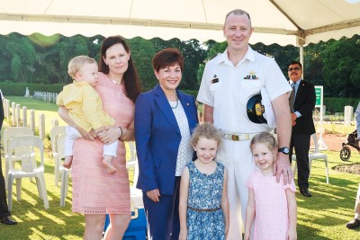 an image of Dame Patsy with Lt Cdr Robert McCaw, his wife Samara, and William, Zara and Juliette McCaw