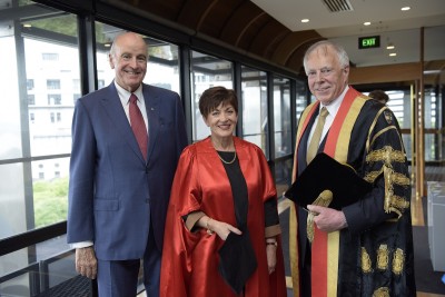 Image of Sir David, Dame Patsy and VUW Chancellor Sir Neville Jordan