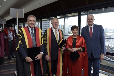 Image of Dame Patsy and Sir David with Chancellor Sir Neville Jordan and Vice-chancellor Grant Guildford