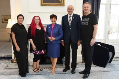 an image of Lisa Reihana, Dr Siouxsie Wiles and Colin MacDonald with Their Excellencies