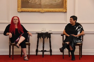 an image of Dr Siouxsie Wiles and Lisa Reihana in conversation