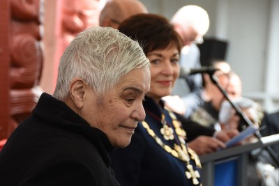 Image of Dame Patsy and Dame Tariana listen to the citation being read
