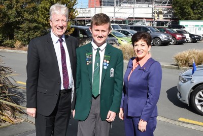 Image of Dame Patsy with Burnside HIgh School Principal Phil Holstein and Into Motion student leader Dominic Wilson.