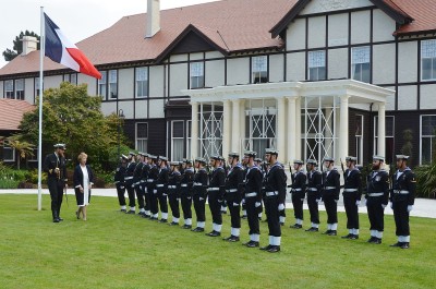 Image of Ambassador of the Republic of France  HE Ms Sylvaine Carta-Le Vert inspecting the Guard of Honour