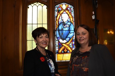 Dame Patsy and Cheryl Hanham with a new window dedicated to Hester Maclean