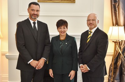 Image of Dame Patsy with Chief Justice of Niue, Judge Craig Coxhead and Judge Miharo Armstrong 