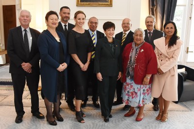 Image of The new Chief Justice of Niue, Judge Craig Coxhead and new Judge Miharo Armstrong with Dame Patsy with guests